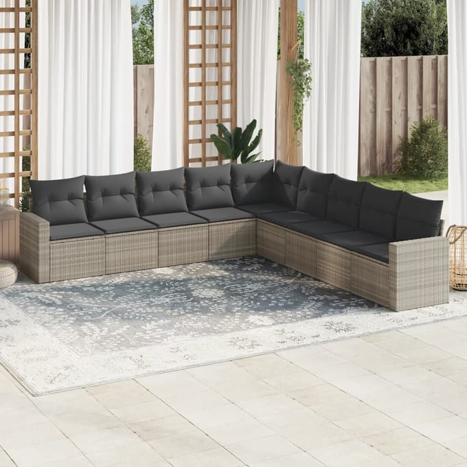 vidaXL - 9-delige - Loungeset - met - kussens - poly - rattan - lichtgrijs