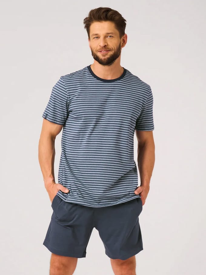Key Katoenen Heren Pyjama Korte Mouw Streepprint Navy Blauw MNS 310 L