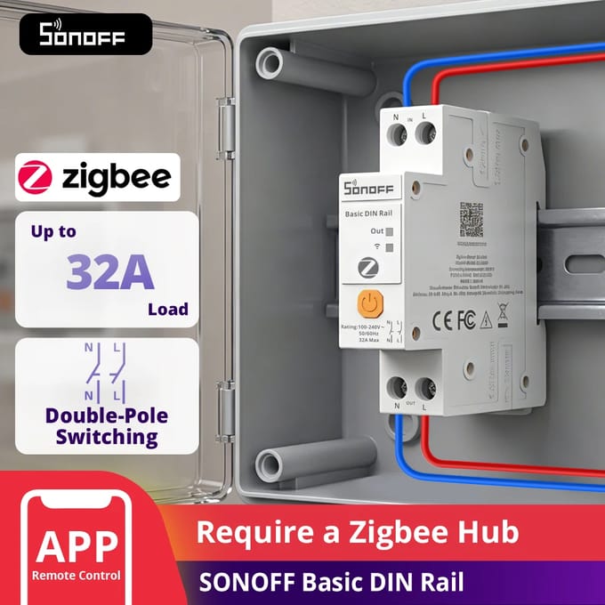 SONOFF Basic DIN Rail (BASIC-ZB1GSP) Zigbee Smart Schakelaar DIN Rail, Zigbee 3.0 Smart Home Bediening met Energiemeting, 32A voor Groepenkast, Werkt met Home Assistant Alexa SmartThings