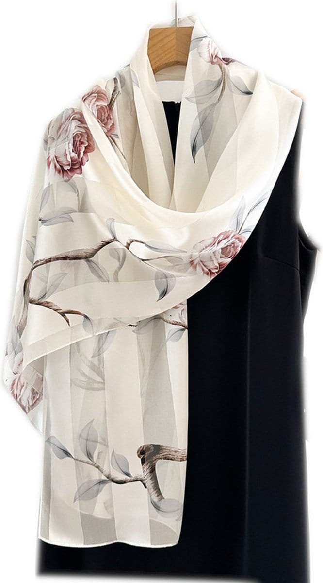 Zijden Sjaal - Bloesem Print - Wit/Bordeaux - 170cm