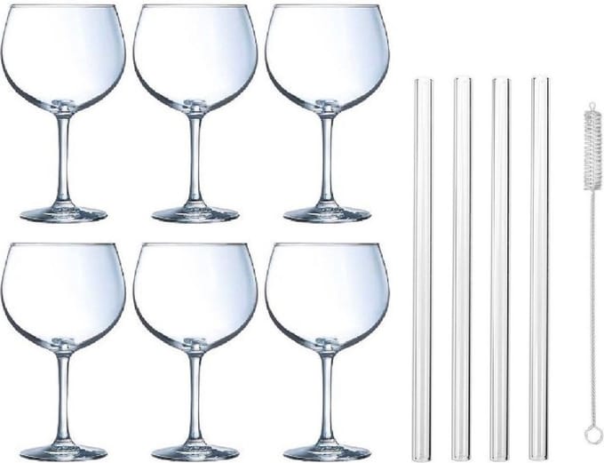 6x Gin Tonic / cocktail glazen 700 ml - Inclusief 8x glazen herbruikbare rietjes