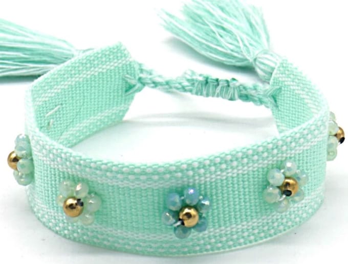 Stoffen Armband Dames - RVS Kralen - Lengte Verstelbaar - Lichtblauw
