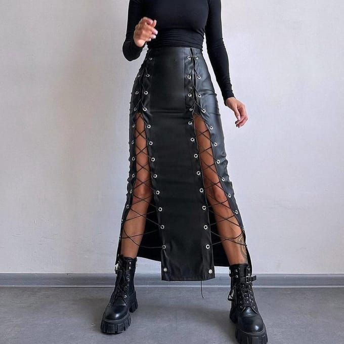 Dames Lente PU Leer Sexy Effen Kleur Split Vetersluiting Heup Rok Slimme Rok M gray