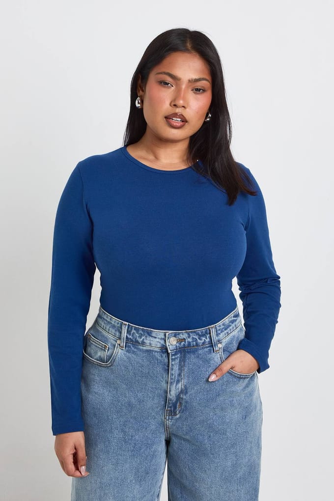 boohoo Dames Plus Basic Bodysuit Met Lange Mouwen En Ronde Hals | Navy | Maat: 20