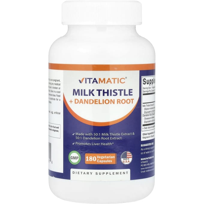 Vitamatic, milk thistle + dandelion root, 180 veggie capsules
