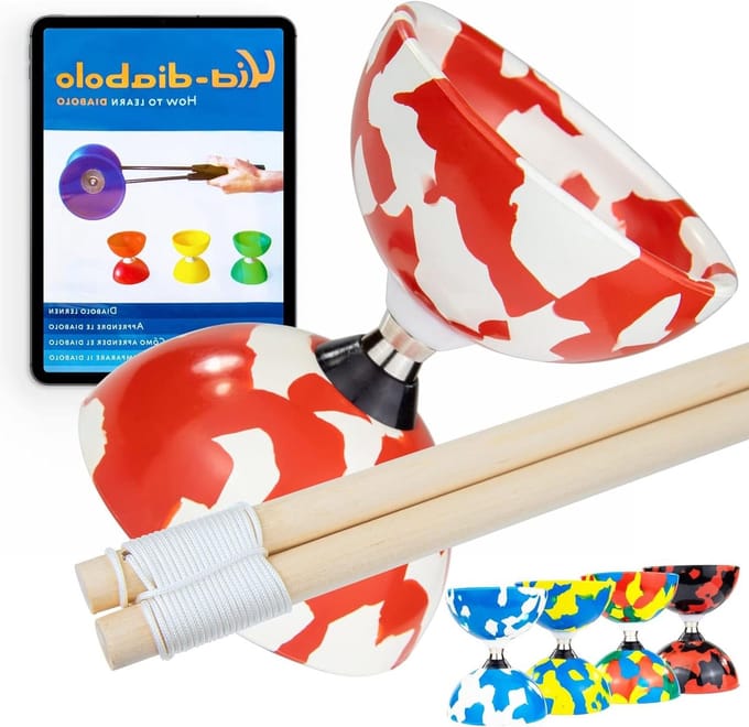Jongleerset Diabolo - Jongleer set - Circus vaardigheden oefenen - Kogellager - 100 mm diameter - Rood/Wit