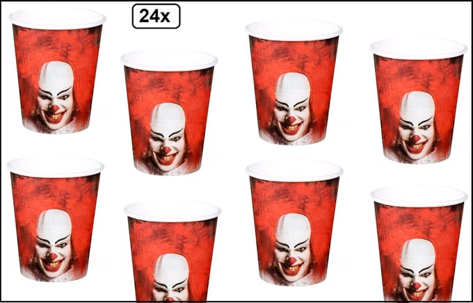 24x Bekers horror clown 250 ml karton - It clown griezel eng horror the IT Halloween scary