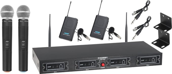 Quad Draadloze Microfoon Set met 50m Bereik - Compleet met 2 Handmicrofoons en 2 Lavaliermicrofoons