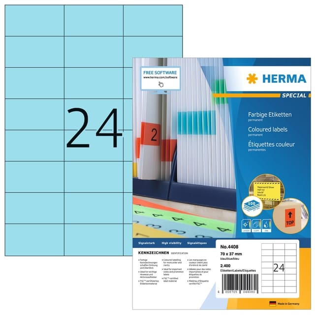 HERMA Etiketten A4 blauw 70x37 mm Papier mat 2400 St.