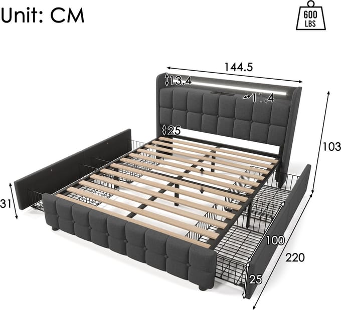 Opbergbed 140x200 Met Matras - LED Bed USB Oplaadfunctie Grijs 4 Laden