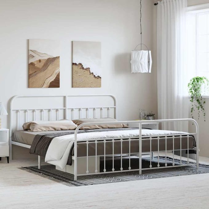 vidaXL - Bedframe - met - hoofd- - en - voeteneinde - metaal - wit - 193x203 - cm