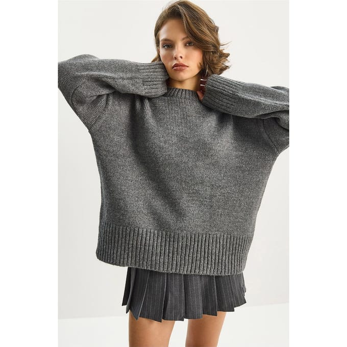 Textuur Oversized Brede Trui met Ronde Hals