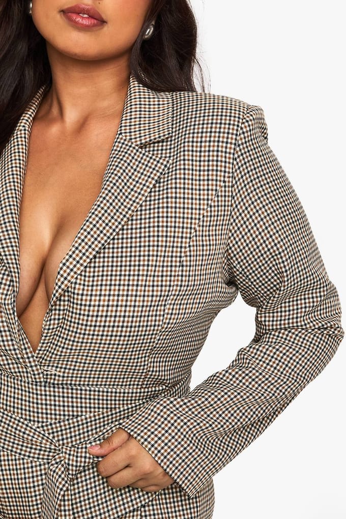 boohoo Dames Plus Obi Check Blazer Jurk | Steen | Maat: 54