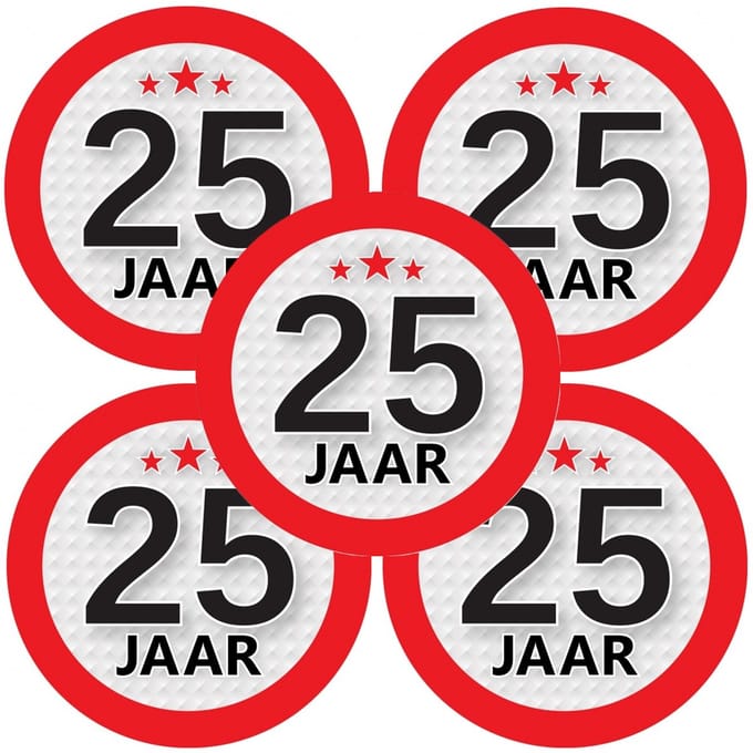 25 jaar leeftijd sticker - 12x - rond - Dia 9 cm - 25 jaar verjaardag - jubileum - leeftijd versiering
