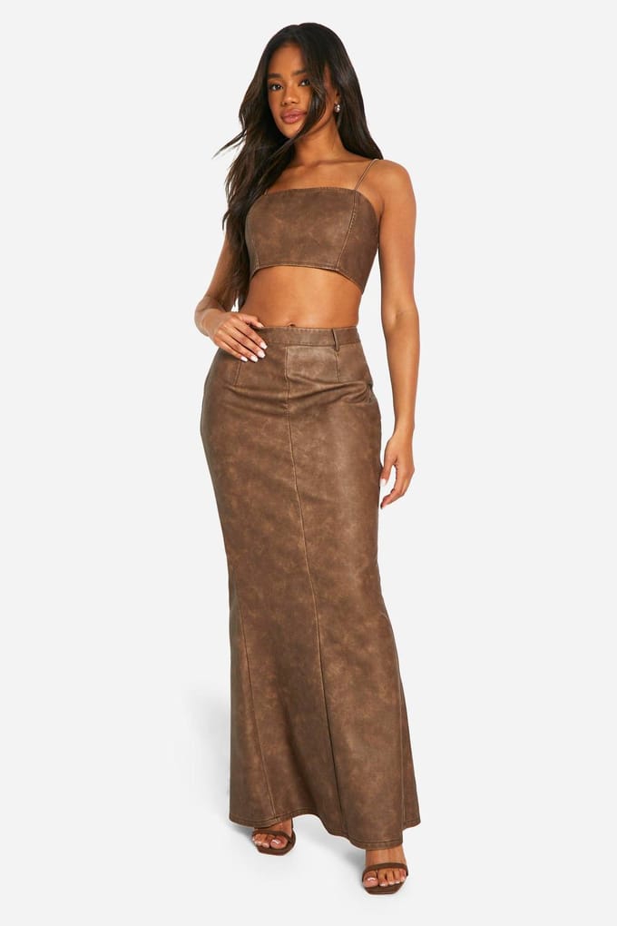 boohoo Dames Gewassen imitatieleer maxi-rok | Chocoladebruin | Maat: 34