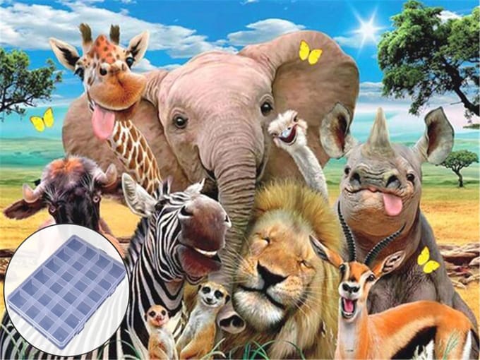 BJoy Diamond Painting 50x40 - Gekke Dieren Giraffe Olifant Leeuw