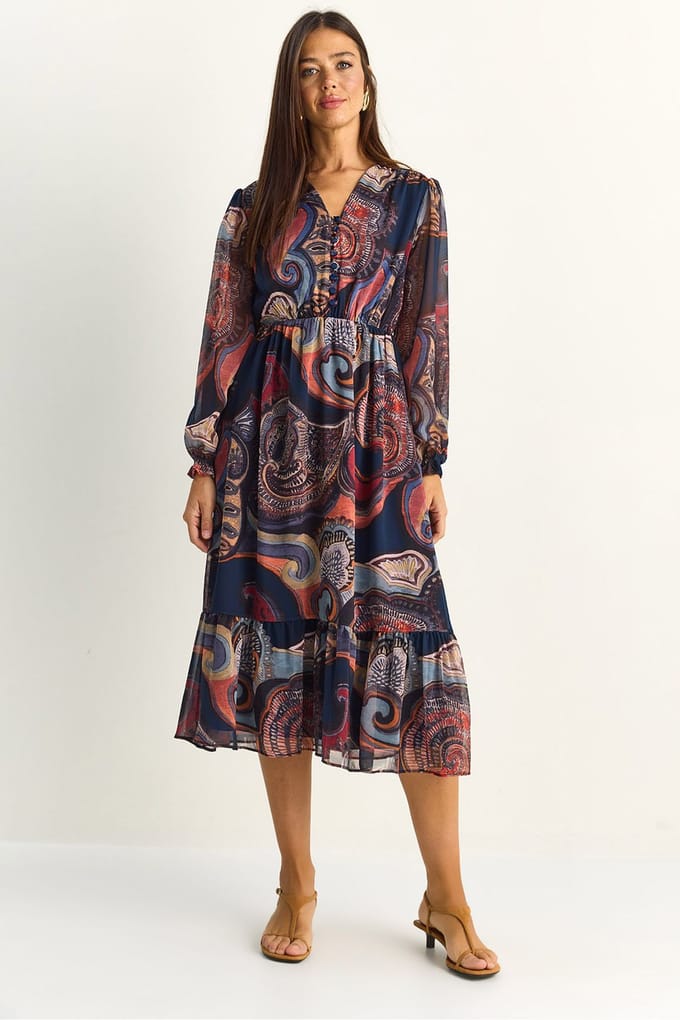 Paisley V-hals Midi Jurk