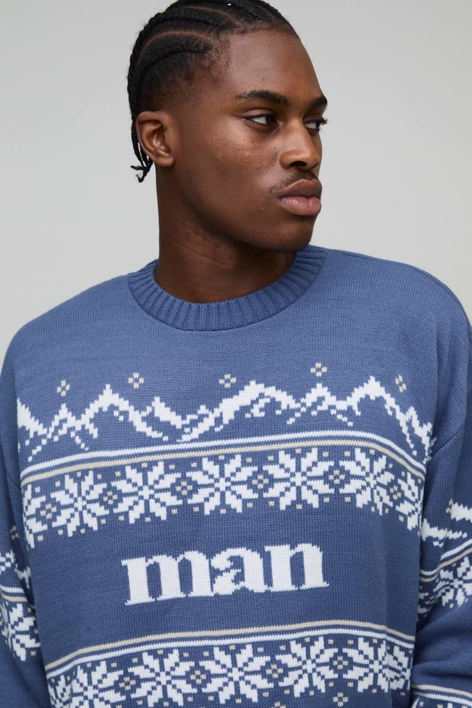 Oversized Boxy Fair Isle Kerst Gebreide Trui | Blue | Size Large