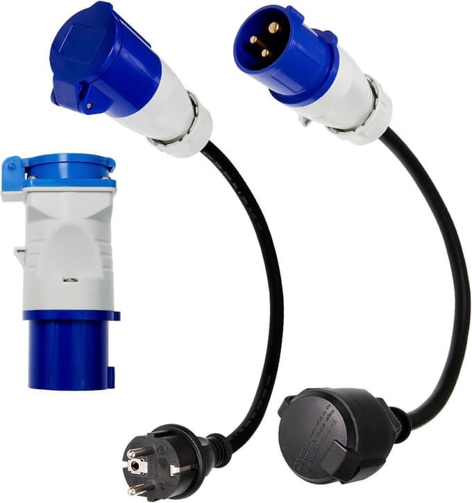 CEE adapterkabel 3 x CEE naar Schuko 230V 16A voor camping en camper