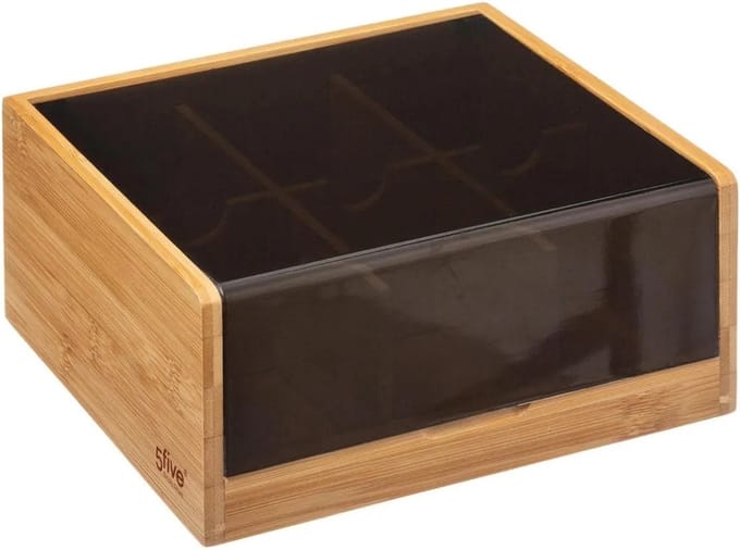 5Five Theedoos - 6-vaks - theekist - bamboe - bruin met zwart - 22 x 21 cm