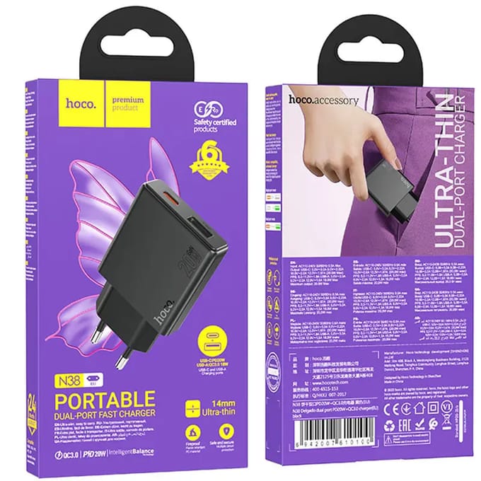 Hoco - Dual Port PD20W+QC3.0 Charger geschikt voor iPhone & Samsung kabels