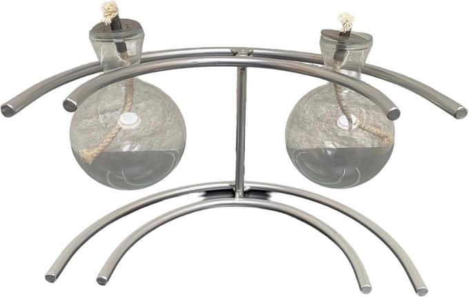olielamp met twee glazen bollen met gebogen houder kleur aluminium