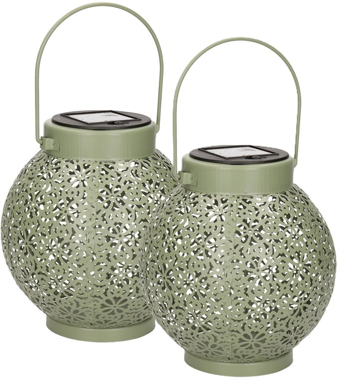 Anna's Collection Solar lantaarn - 2x - groen - metaal - D15 x H16 cm - tafellamp