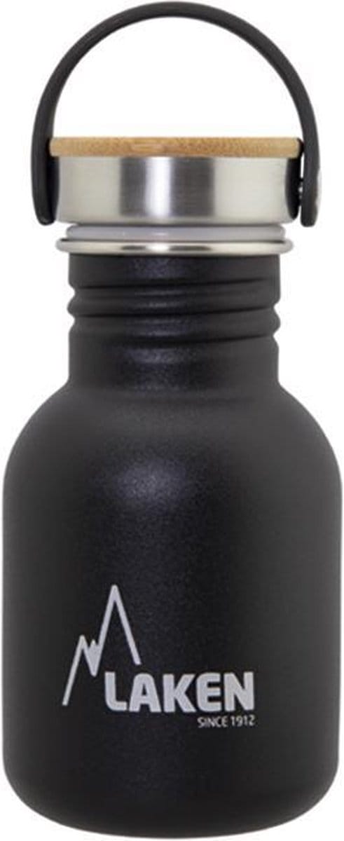 RVS fles 0,35L Basic Steel Bottle Zwart - Bamboo Cap - Laken - roestvrij staal - waterfles - drinkfles