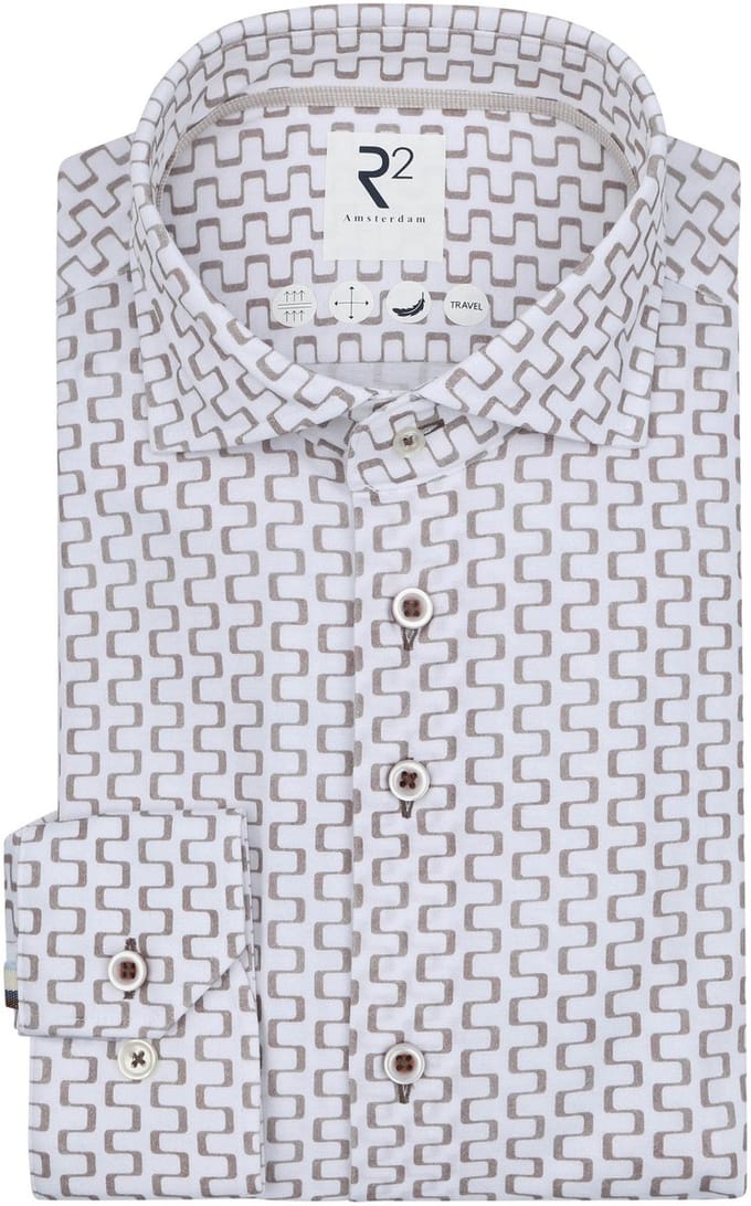 R2 Overhemd Sorona Print Beige - Maat 44 - Heren - Overhemden Formeel