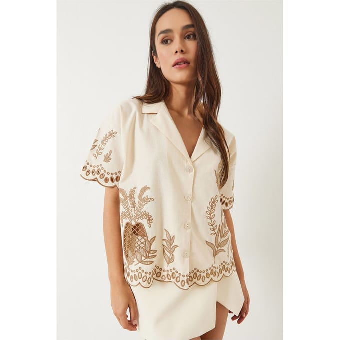 Geborduurd Katoenen Shirt met Knopsluiting