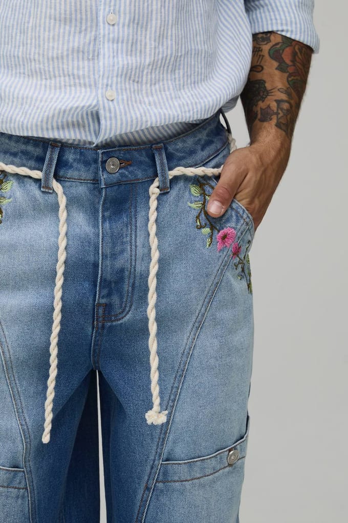 Baggy Stijve Jeans Met Bloemig Touwriem | Blue | Size 36R