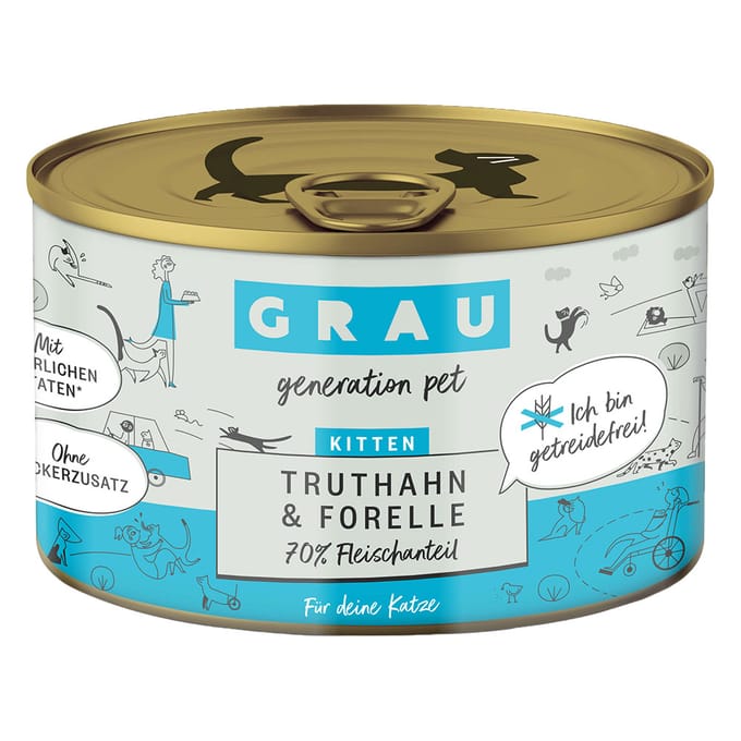 6x200g Kitten Kalkoen/Forel Bliksmulpotjes Grau Kattenvoer