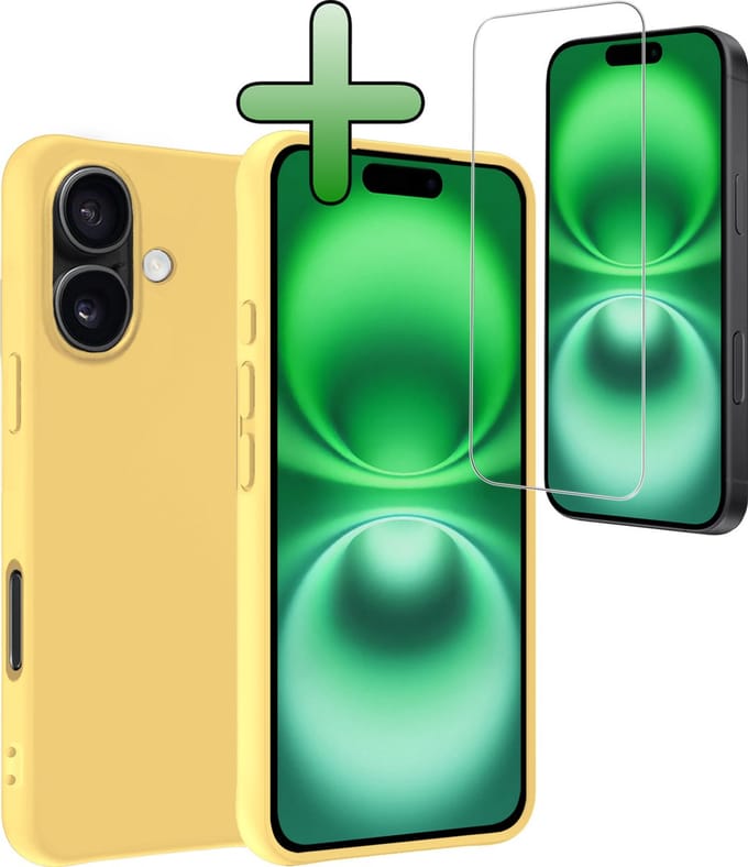 Hoesje Met Screenprotector - Geschikt voor Apple iPhone 16 Plus - Sterk & Shockproof - Back Cover - Siliconen Case - Telefoon Hoes - Geel