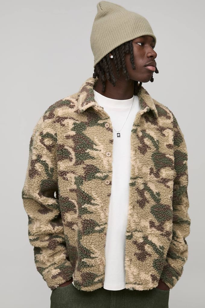 Oversized Camo Borg Overshirt | Brown | Size Medium