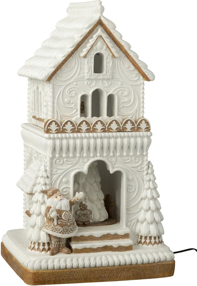 J-Line decoratie Peperkoek Huis + Kerstman - polyresin - beige/wit - LED lichtjes