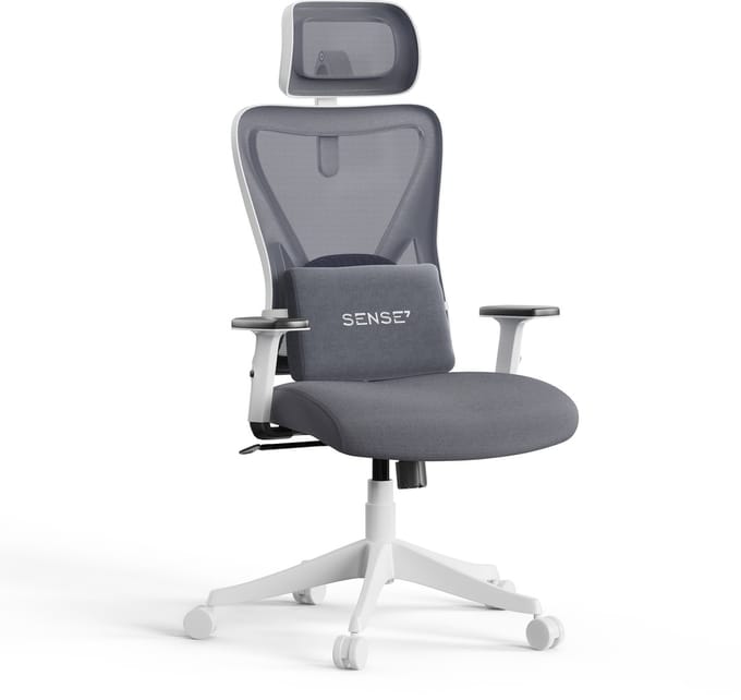 SENSE7 Tone Ergonomische Bureaustoel - Mesh Draaistoel - Verstelbare Lendensteun & Hoofdsteun - Tot 130kg - Wit/Grijs