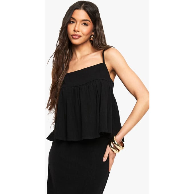 boohoo Dames Linnen Look Peplum Cami | Black | Maat: 6