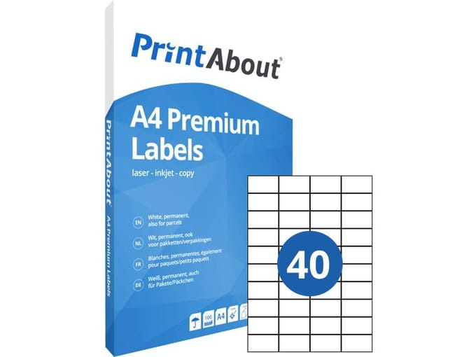 PrintAbout Premium A4 stickervel 40 per vel (52,5mm x 29,7mm)