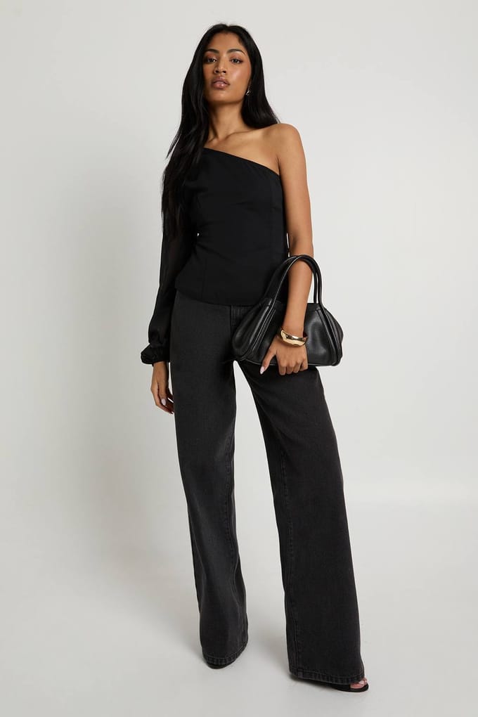 boohoo Dames Chiffon blouse met een schouder | Black | Maat: 6