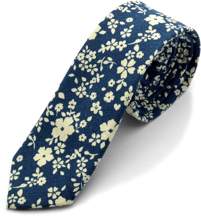 Blauw / Witte Stropdas met Bloemmotief