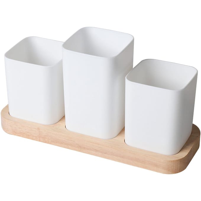 Organisateurs de couverts avec base en bois Rangement à compartiments de grande capacité Conception à grande ouverture Cuisine 3 Grids