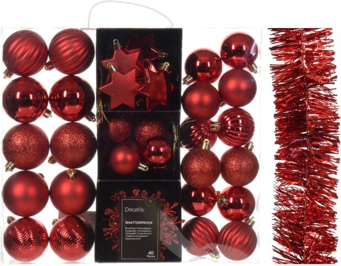 Kerstversiering set - rood - kerstballen, ornamenten en folie slinger - kunststof