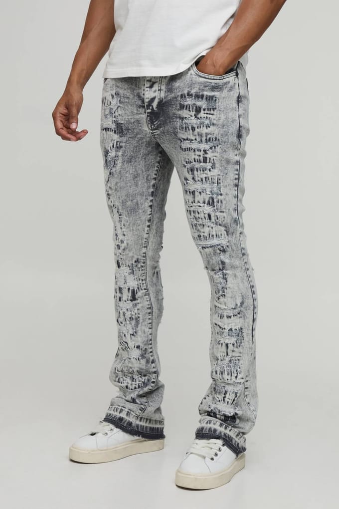 Gestapelde Skinny Uitlopende Gescheurde Distressed Jeans | Ice Grey | Size 30
