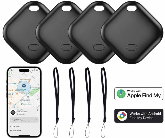 Fokelyi Mini GPS Tracker - Android & iOS GPS Tracker - Compatibel met iOS Zoek mijn of Android / Google Vind Plek - Keyfinder - Find My - Hond - 4 Pack - Zwart