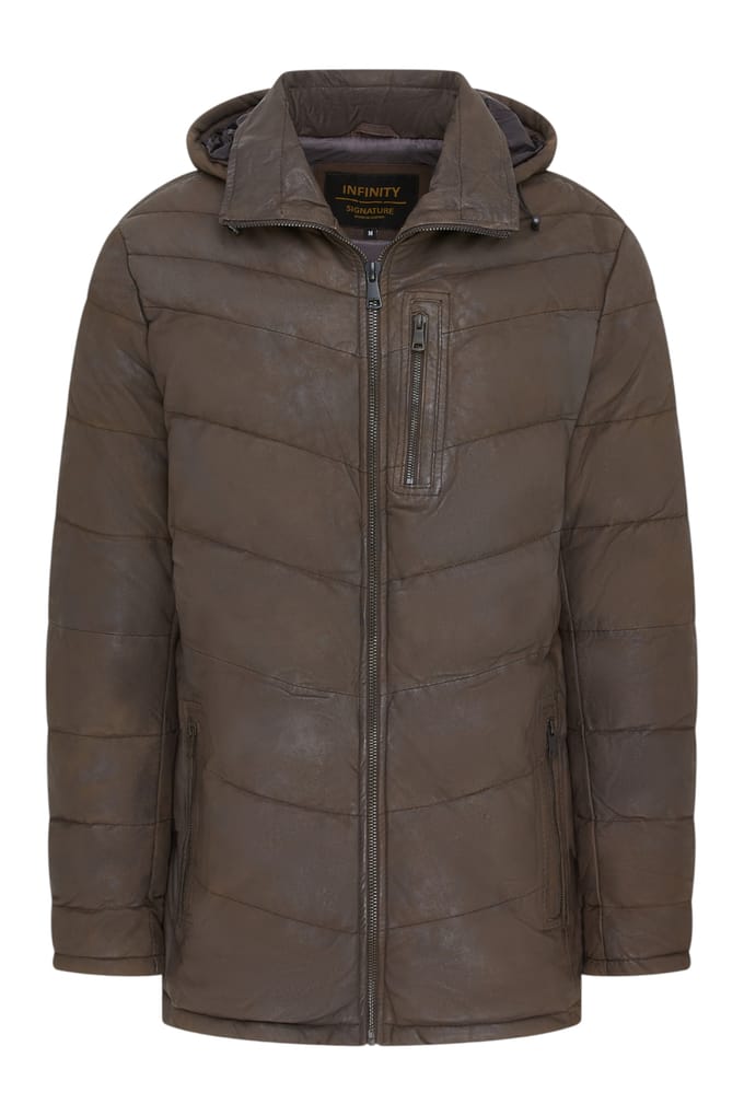 Heren Bruine Leren Gewatteerde Trekking Jas met Capuchon en Puffer Winterjas - Summit