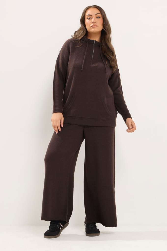 Yours Chocoladebruine Gebreide Broek Met Wijde Pijpen Size 46-48