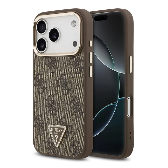 Guess Classic Triangle Logo Leather Backcover met MagSafe voor de Apple iPhone 17 Pro - Bruin
