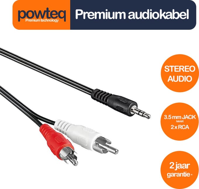 Powteq - 5 meter premium audiokabel - 2x RCA naar 3.5 mm jack (hoofdtelefoonaansluiting) - Stereo