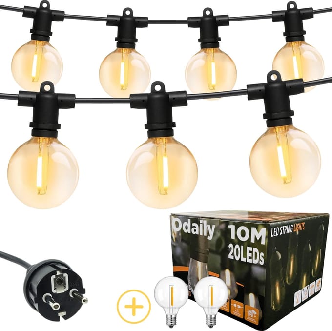 Odaily Lichtsnoer Buiten - 10 Meter - 20 LED Lampen G40 - Warm Wit Licht - IP65 - Premium Kwaliteit