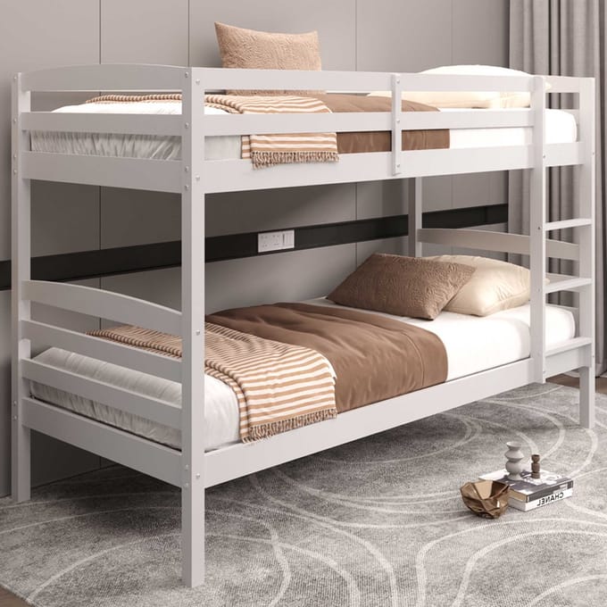 Stapelbed Roy 90x200 | Splitsbaar | Wit Grenen - Rousseau - Stapelbed - Wit - Hout Eenpersoons Stapelbed